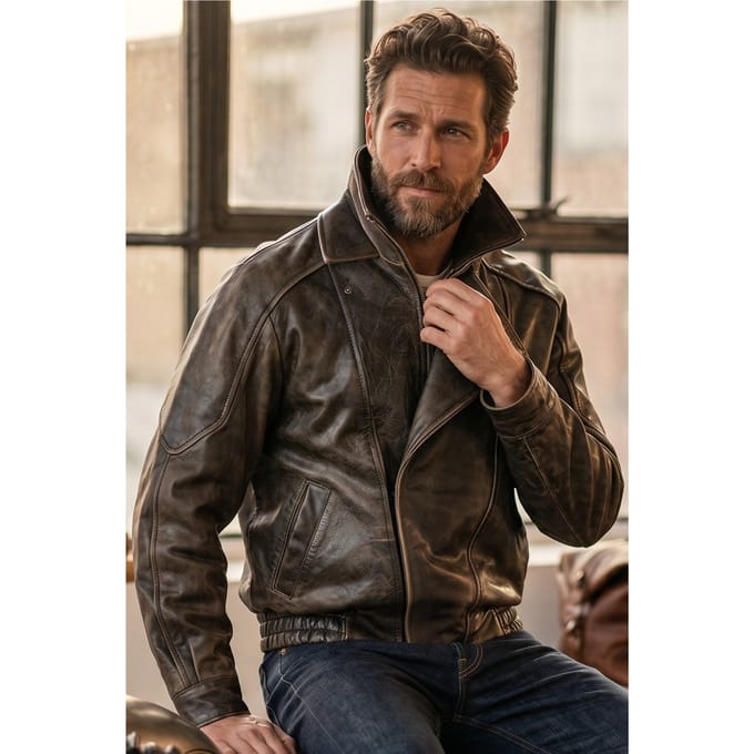 Heren Bruine Cow Leather Biker Blouson Jas - Bomber