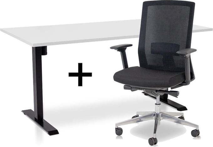 Zit-sta bureau elektrisch verstelbaar +  ERGO Bureaustoel | ARBO EASY Thuiswerkset | frame bureau zwart - bureaublad wit | 160x80 cm