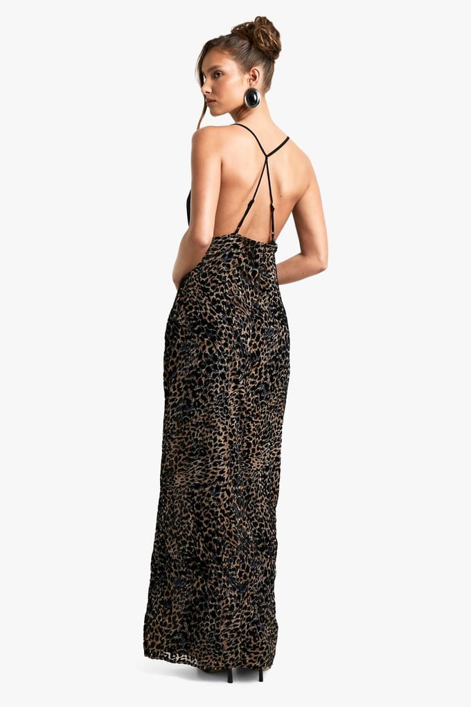boohoo Dames Leopard Devore Maxi-jurk met kanten bies | Brown | Maat: 14