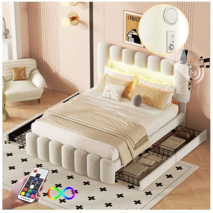 Gestoffeerd bed - MUVOE - 140 x 200 cm - Beige - 4 lades - USB en LED-strip stereo beige