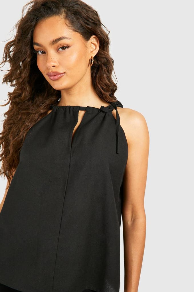 boohoo Dames Linnen Look Strappy Top | Zwart | Maat: 34