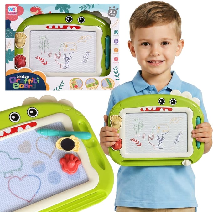 Dinosaurus, magnetisch whiteboard met stift + stempels, reisset voor in de auto, verdwijnstift