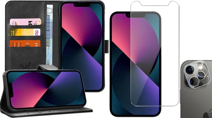 Hoesje geschikt voor iPhone 13 Pro Max - Book Case Kunstleer Wallet - Zwart - Met Screenprotector en Camera Screen Protector