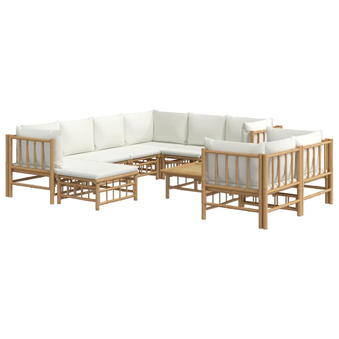 vidaXL - 10-delige - Loungeset - met - kussens - bamboe - crèmewit