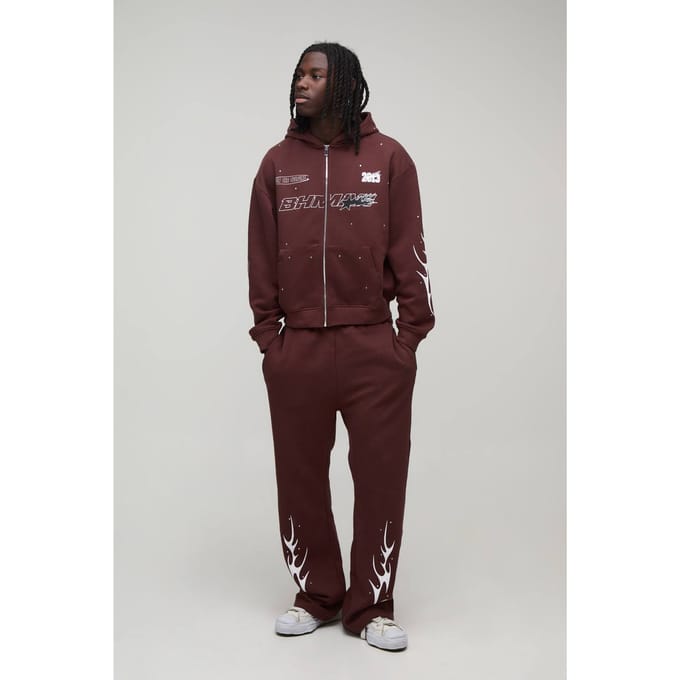 Oversized Boxy Trainingspak Met Strass Steentjes En Moto Ritssluiting | Chocolate | Size Large