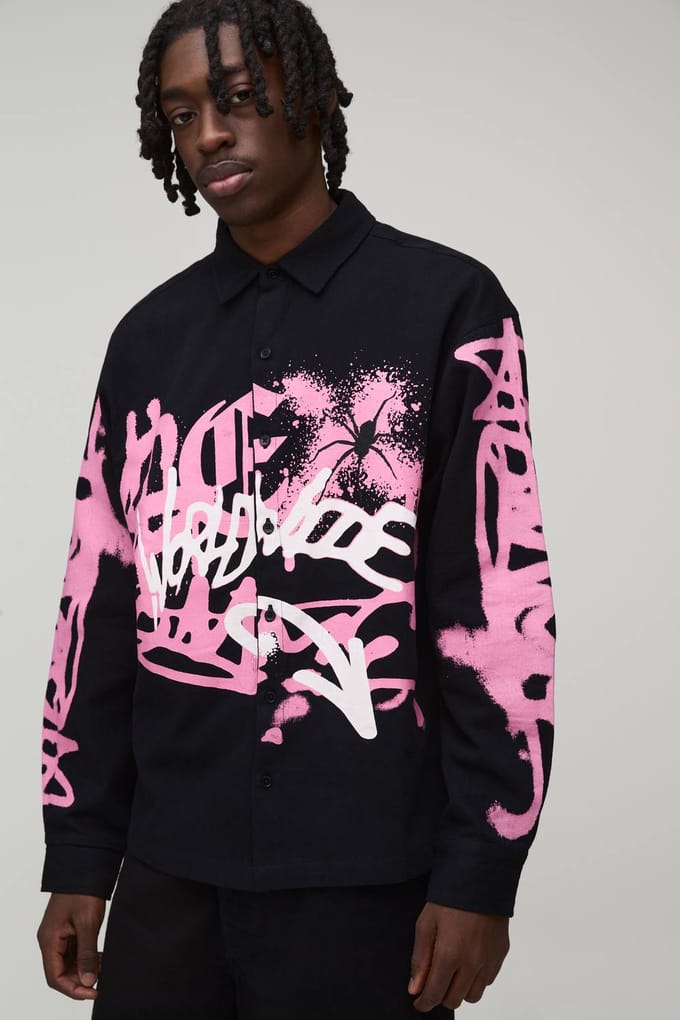 Oversized Shirt Met Lange Mouwen En Graffiti Spuitverf Print | Black | Size Small
