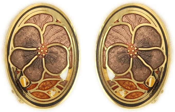 Behave Dames clip oorbellen goud-kleur met bruine bloemen
