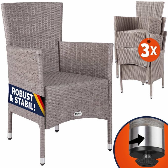 Casaria Polyrotan Tuinstoelen - 3 Stuks Stapelbaar - Creme