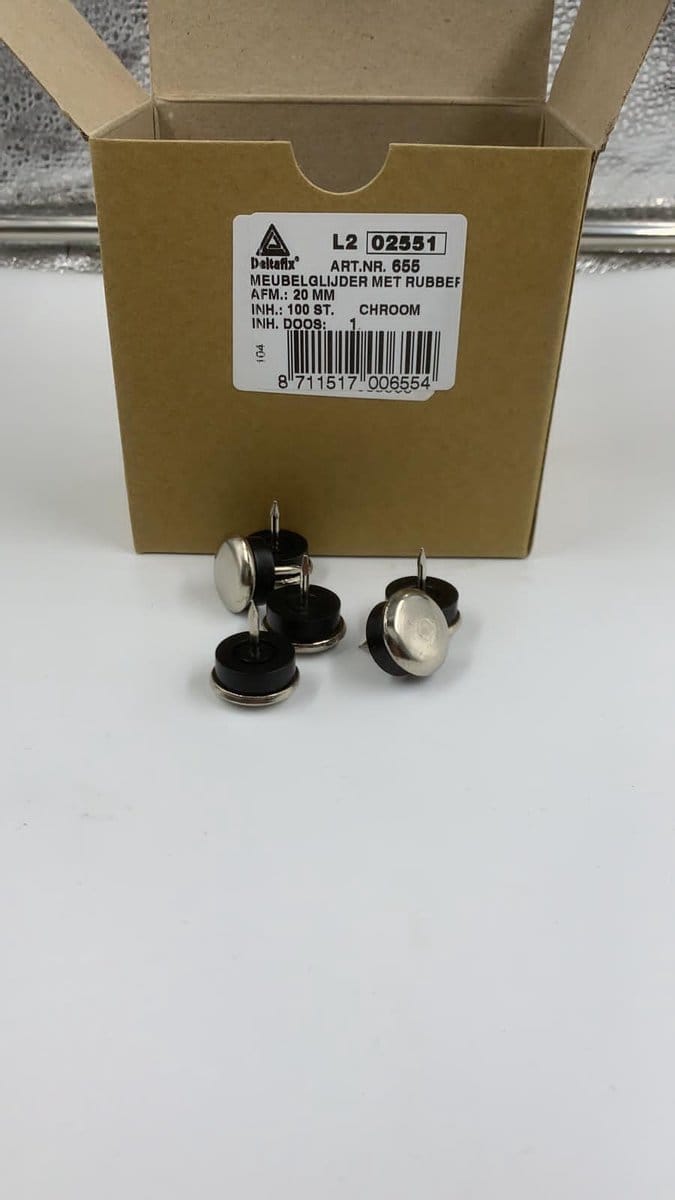 Meubelglijder met rubber. 20 mm. per 100 stuks. Chroom. DeltafiX.