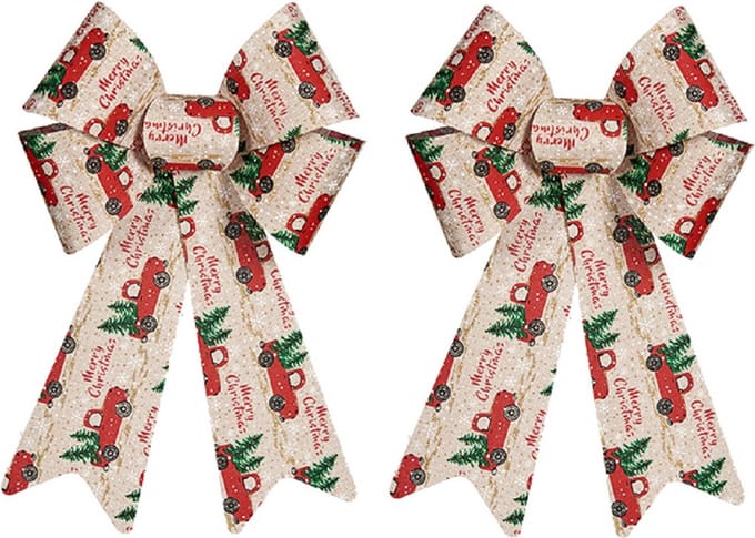 Krist+ kerstboomversiering strik - 2x stuks - creme/rood print - 15 x 25 cm - kerststrikken