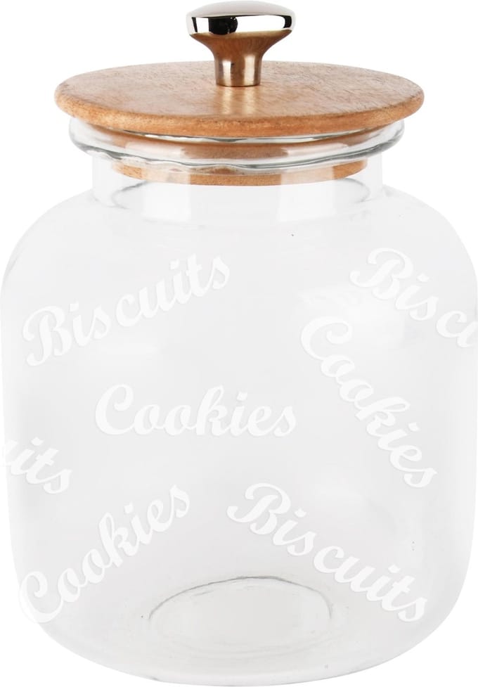 Dekoratief | Bewaarpot 'Cookies/Biscuits', transparant, glas/hout, 17x17x22cm | A248481