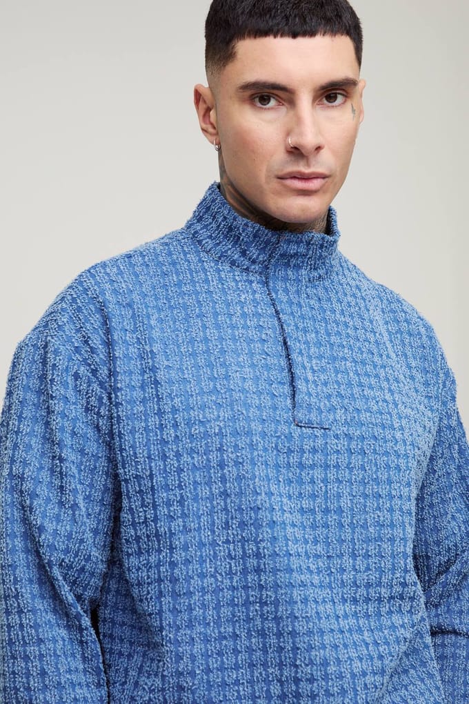 Lang getextureerd denim shirt met trechterkraag | Mid Blue | Size Medium