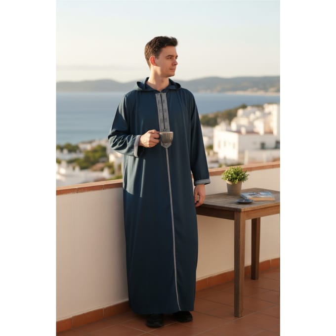 Heren blauwe Eid Marokkaanse Thobe gewaad met capuchon Djellaba Gandoura Ramadan Jubba LFS-HM3
