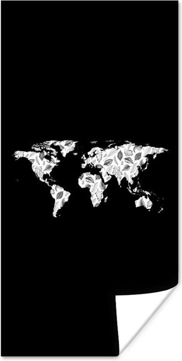 Wereldkaarten - Wereldkaart - Bladeren - Zwart - 80x160 cm