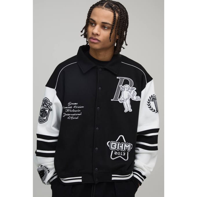Boxy 13 Applique Jersey Varsity Bomber Jacket | Black | Size Medium