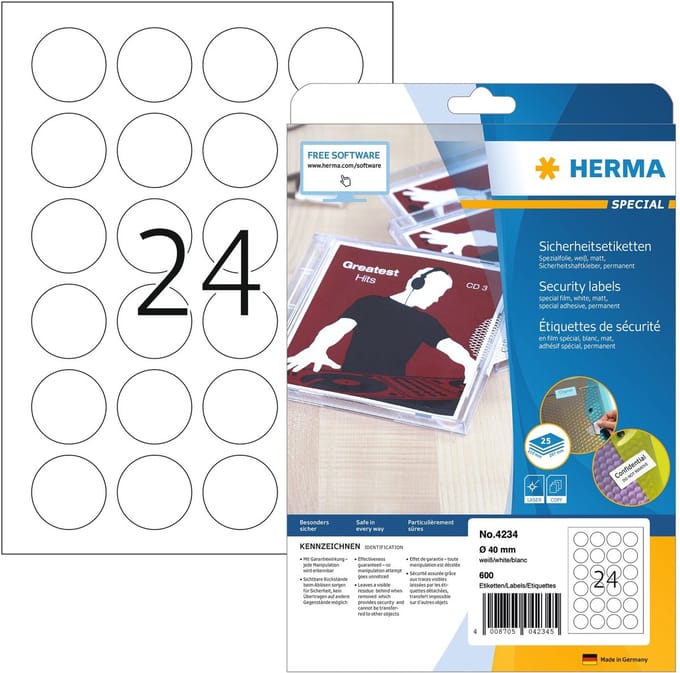 HERMA Etiketten wit veiligheidsetiketten Ø 40 A4 LaserCopy