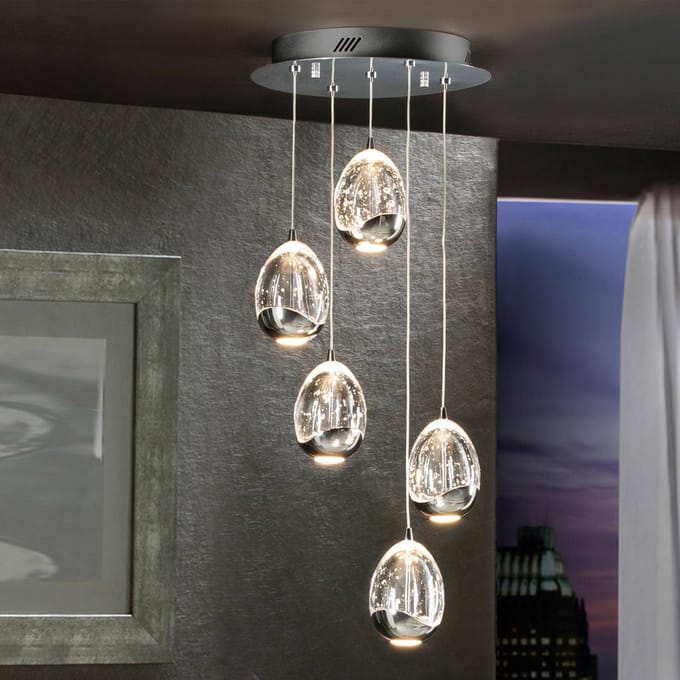 Schuller Valencia Hanglamp Rocio, 5-lamps, rond, metaal, glas, chroom