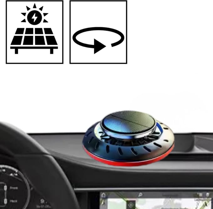 SolarSpin Auto Luchtverfrisser – Zonne-energie Diffuser met Rotatie – Navulbaar met Eigen Parfum – Auto Geurverspreider – Dashboard Gadget – Zonder Batterij/USB