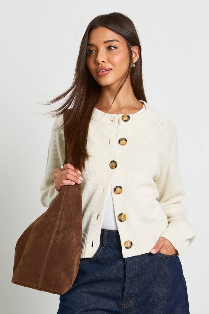 boohoo Dames Ronde hals gebreide chunky cardigan | Creme | Maat: Medium