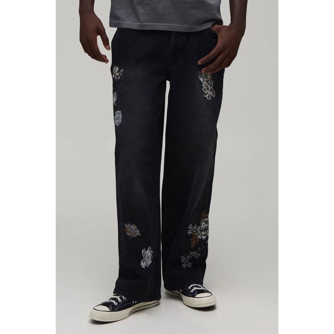 Mono Bloemen Relaxed Fit Jeans | Washed Black | Size 34R