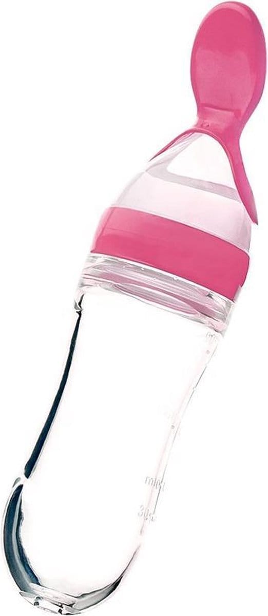 Knijpfles met lepel anti knoei voor baby's  - Roze 90ml