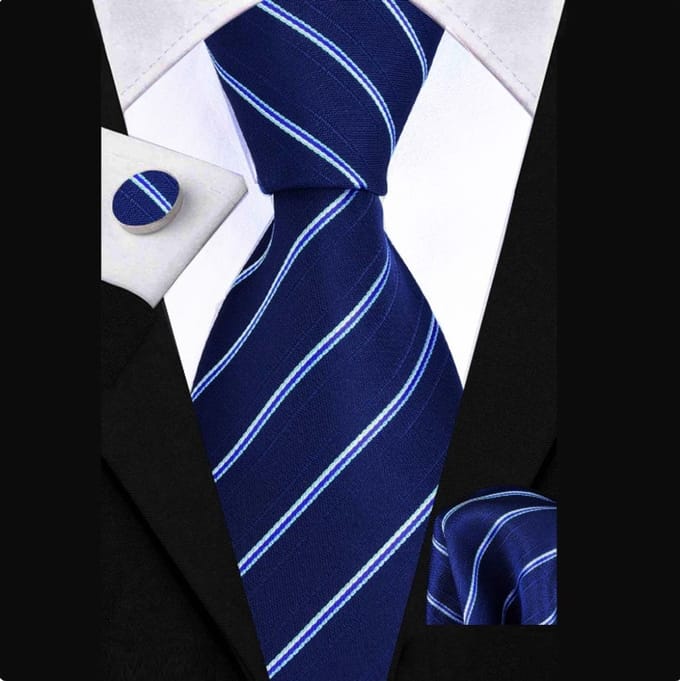 Stropdas Set – Stropdas – Pochet – Manchetknopen – Gestreept Blauw