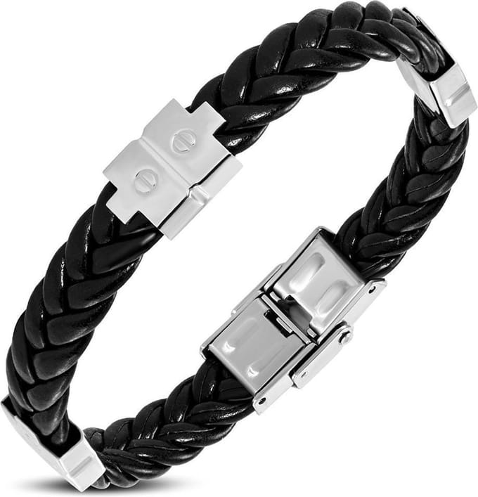 Amanto Armband Bijan - 316L Staal - Leer - Bedels - 12mm - 21cm