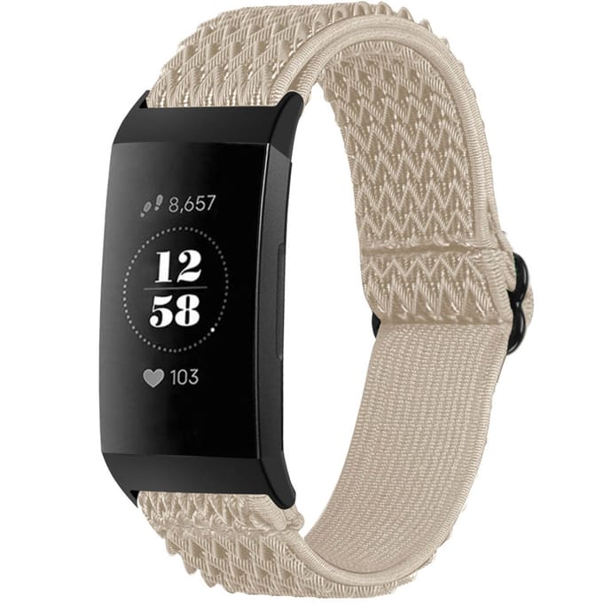 Elastisch nylon bandje - Geschikt voor Fitbit Charge 3/ Charge 4 - Beige