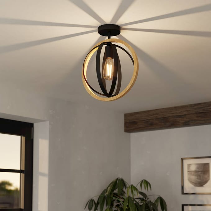 EGLO Basildon Plafondlamp - E27 - Staal|Hout - Zwart|Bruin
