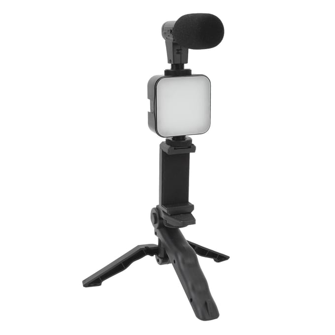 Kit vidéo vlog pour smartphone, éclairage LED, trépied, microphone, contrôleur, réduction du bruit black