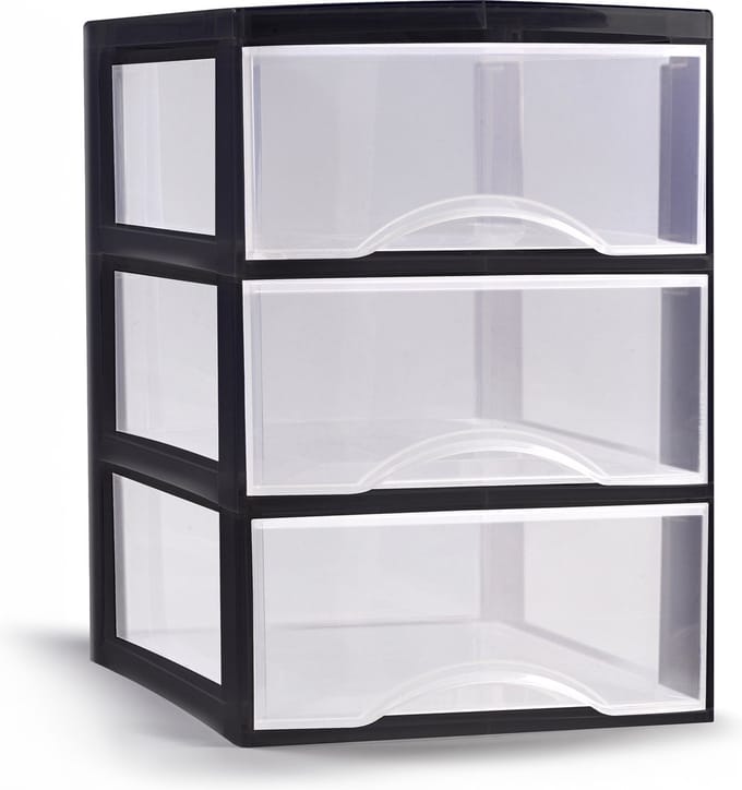 Plasticforte Ladeblokje/bureau organizer met 3x lades - transparant/zwart - L26 x B36 x H37 cm