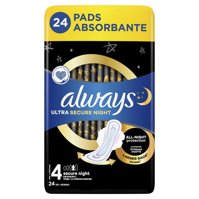 Always Ultra Secure Nuit Quattro Serviettes Hygiéniques, 24 Pièces