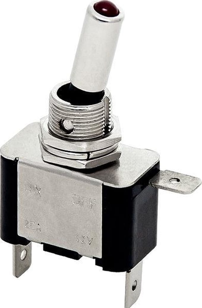 SCHAKELAAR - ‘ON/OFF' - 12V 20A - ZWART/ZILVER - 3 polig Rode LED