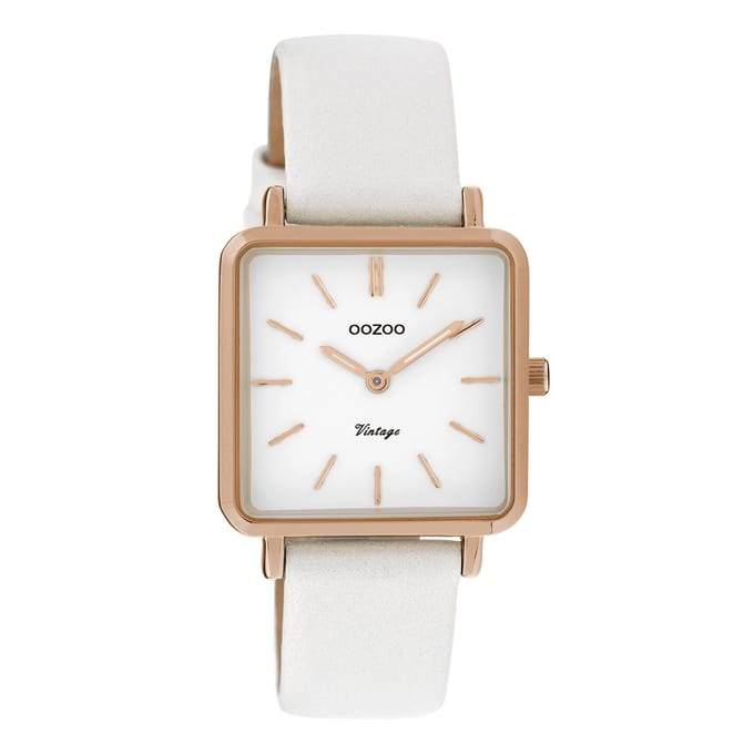 OOZOO Timepieces - Rosé goudkleurige horloge met witte leren band - C9941