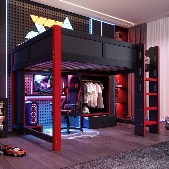 Hoogslaper - 140x200 cm - Gaming Design met Bureau en Kledingkast - Zwart/Rood
