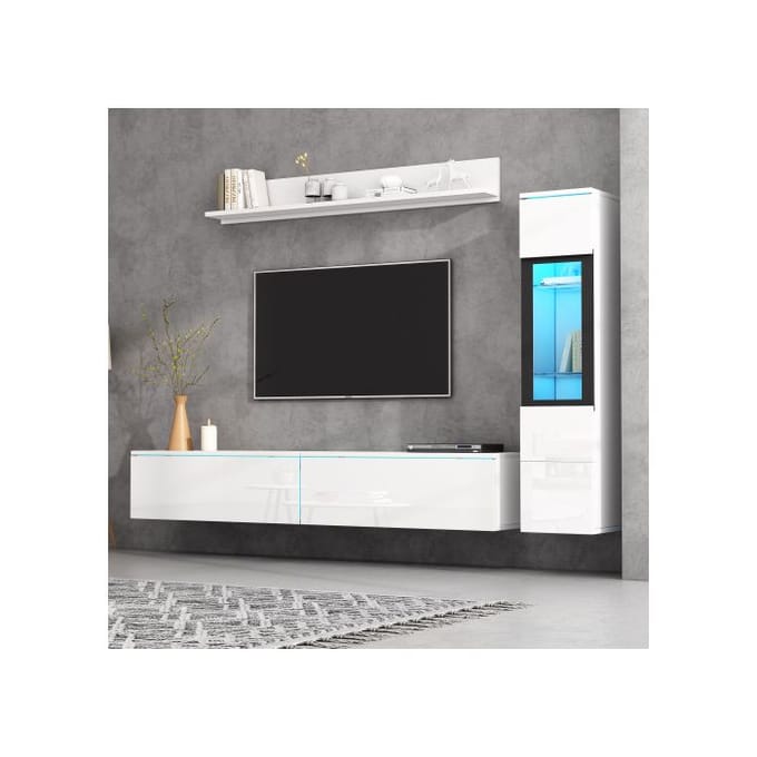Ensemble mural - MUVOE - Blanc - 1 x armoire murale - 1 x étagère - 1 x unité TV blanc