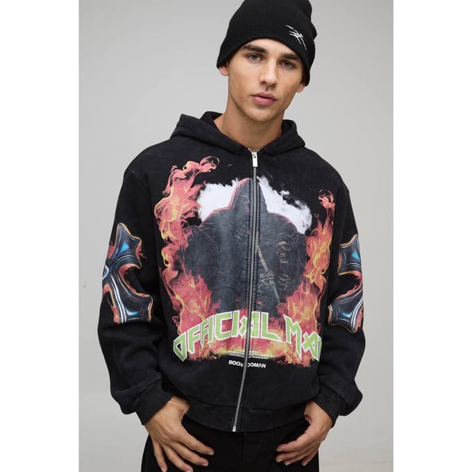 Oversized Boxy Acid Wash Gothic Graphic Zip Through Hoodie | Black | Size Medium