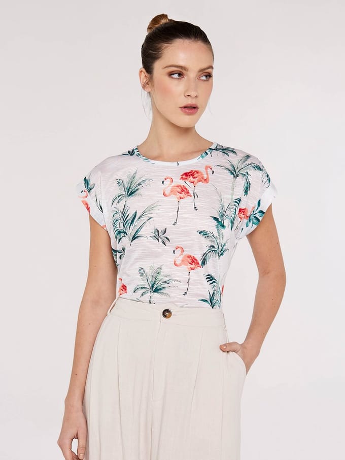 T-shirt met flamingo- en palmbomenprint