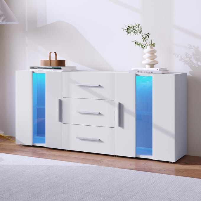 REDOM Dressoir 140x35x70 cm van MDF, wit, met 16-kleuren LED-verlichting en veel opbergruimte