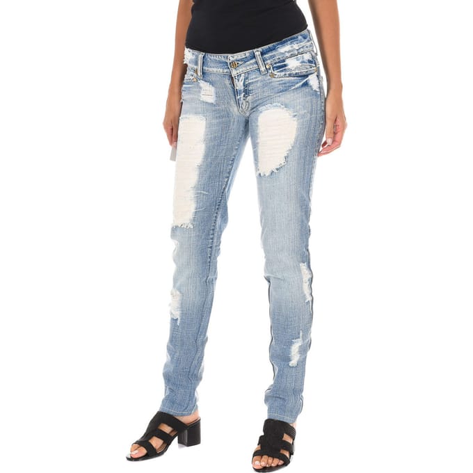 Lange denim broek met gescheurd effect en chiffon D012929-D024 vrouw