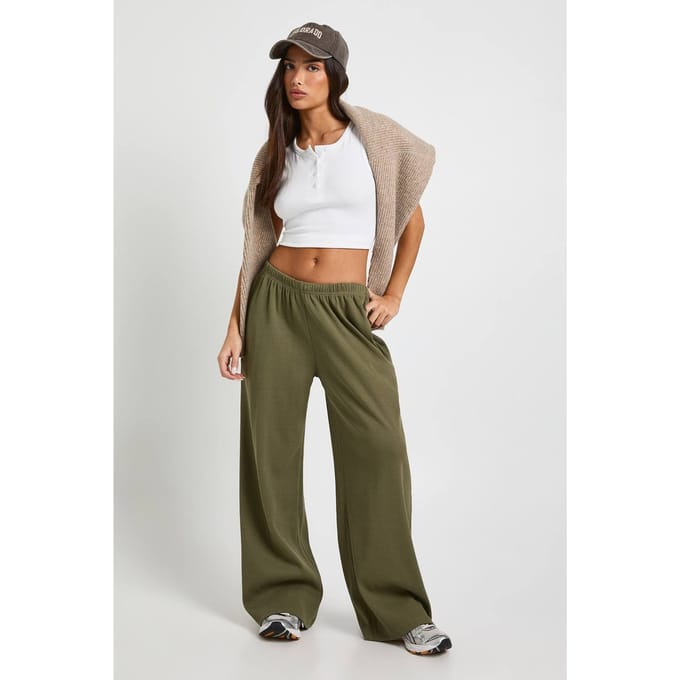 boohoo Dames Petite Rib Broek met Wijde Pijpen | Kaki | Maat: 44
