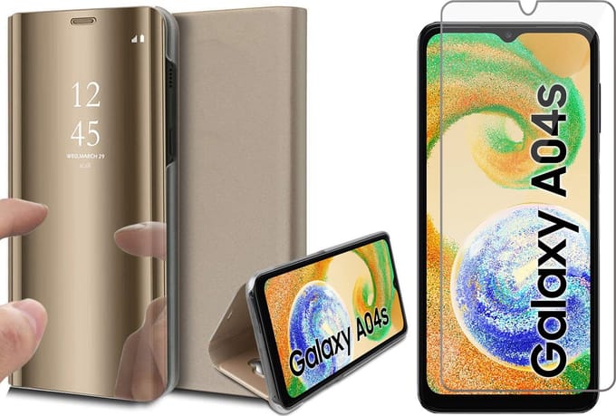 Hoesje geschikt voor Samsung Galaxy A04s / A13 5G - Screen Protector GlassGuard - Book Case Spiegel Goud & Screenprotector