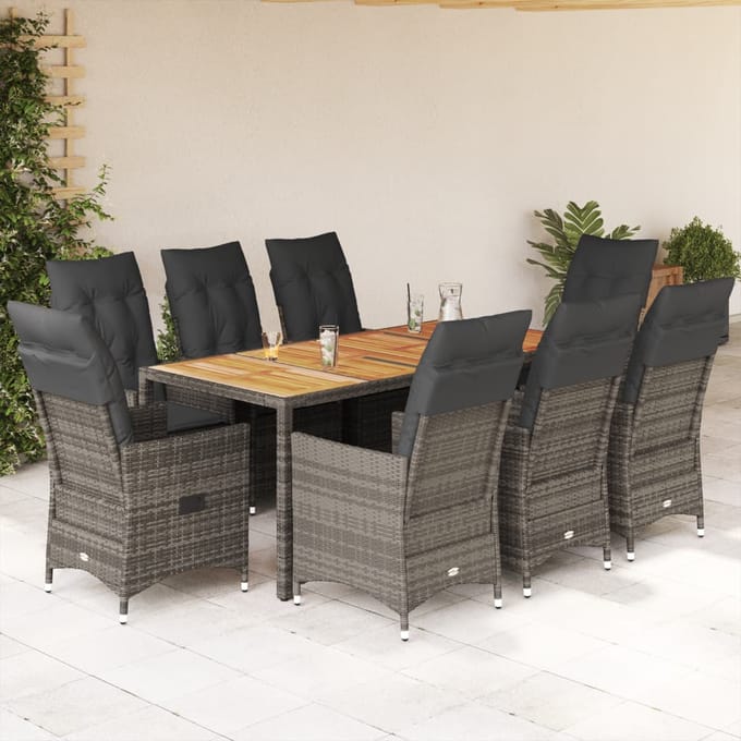 vidaXL - 9-delige - Tuinset - met - kussens - poly - rattan - grijs