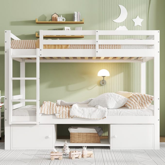 Stapelbed - 90x200 cm - Deelbaar in 2 Bedden - Met Schoenrek en Kastjes - Hout - Wit