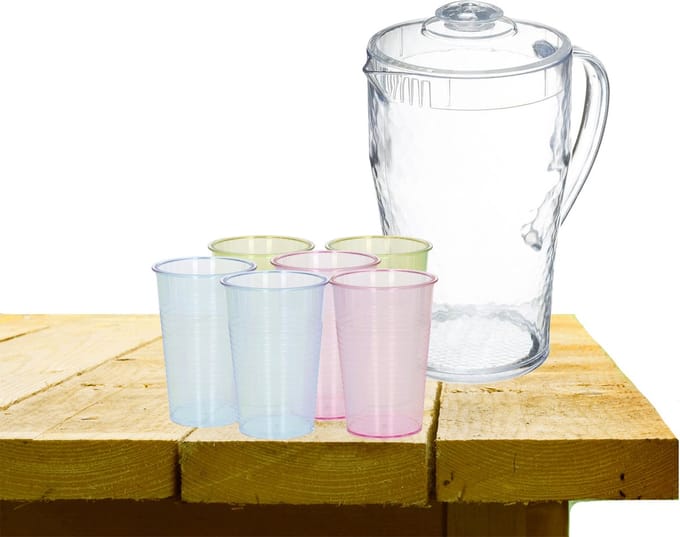 5Five water/sapkan 2 liter transparant kunststof met 12x gekleurde glazen 200 ML