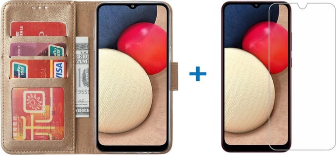 Hoesje Geschikt Voor Samsung Galaxy A02s Hoesje bookcase - Goud Met screenprotector