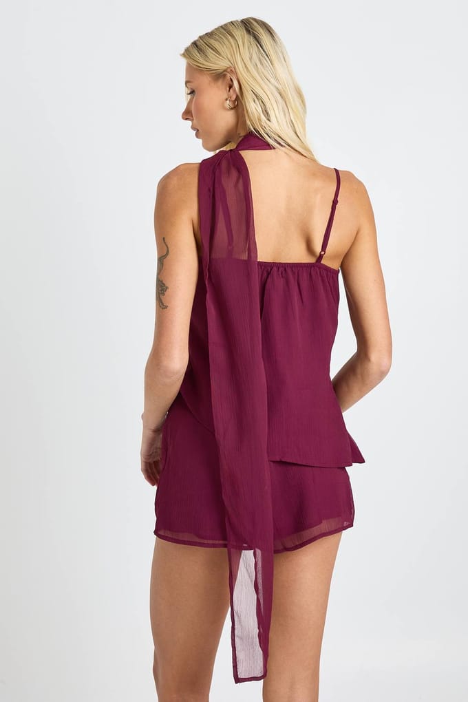 boohoo Dames Chiffon gedrapeerde cami & minirok co-ord | Plum | Maat: 16