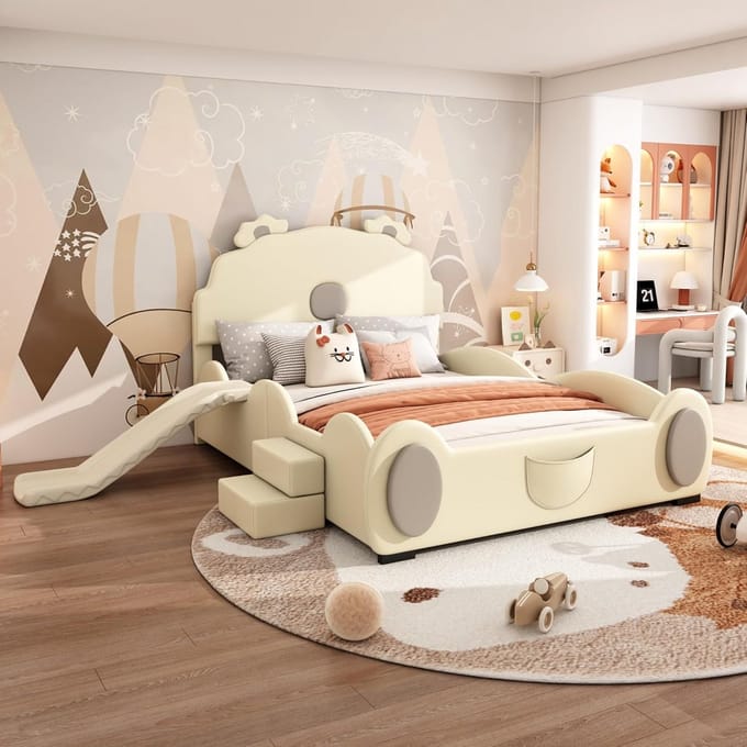 Kinderbed met Glijbaan en Ladder Multifunctioneel 140 x 200 cm Beige