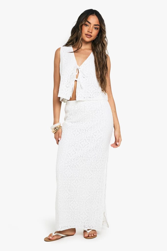 boohoo Dames Crochet Side Split Maxi Rok | Wit | Maat: 34