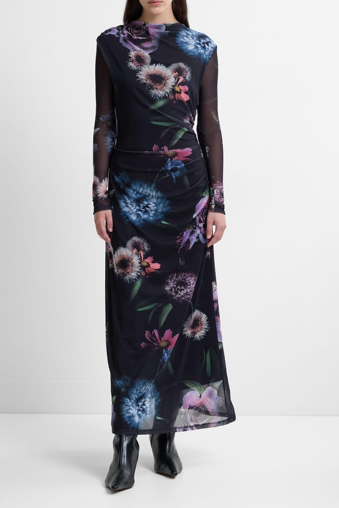 French Connection Tarissa Mesh Rose Dress Rose Black Multi Maat: S | Maxi Jurken Outlet | Dames | Zwart